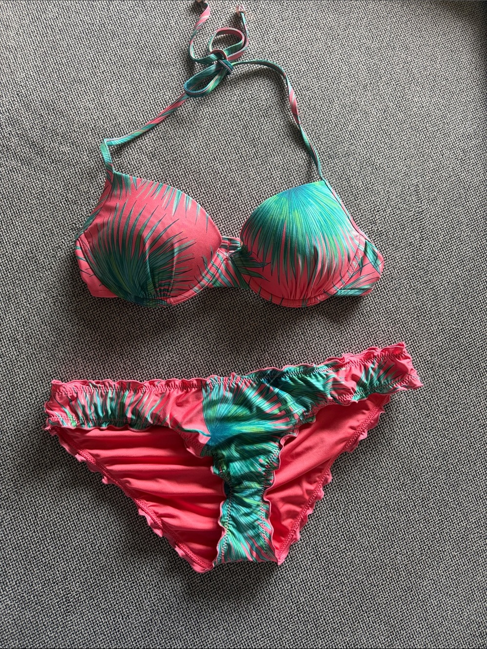 Victoria's Secret Pink and Teal Palm-Print Bikini Set 34C & Medium bottoms